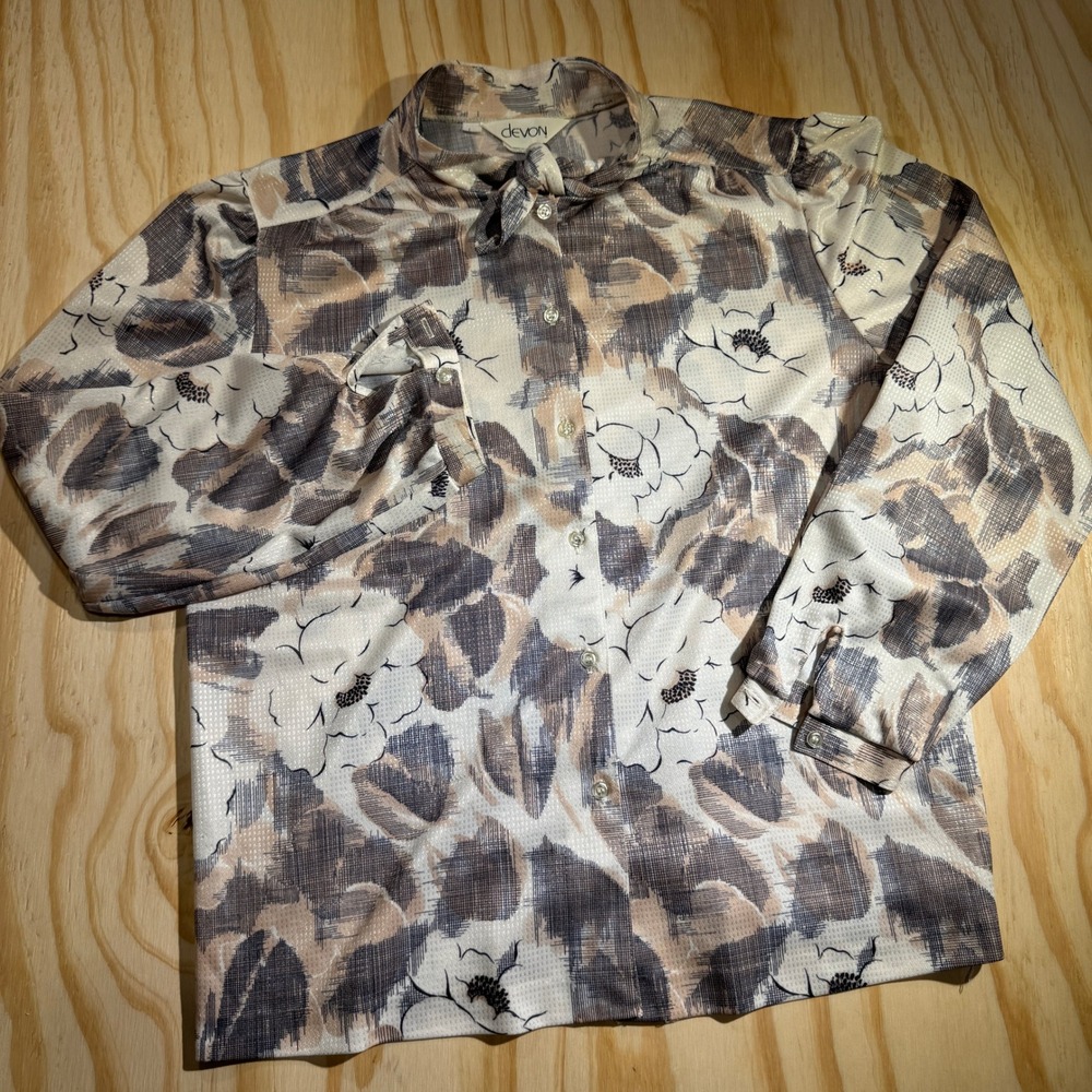 Devon Vintage Women's Floral Bow Neck Blouse Beige Gray bow Top Size L